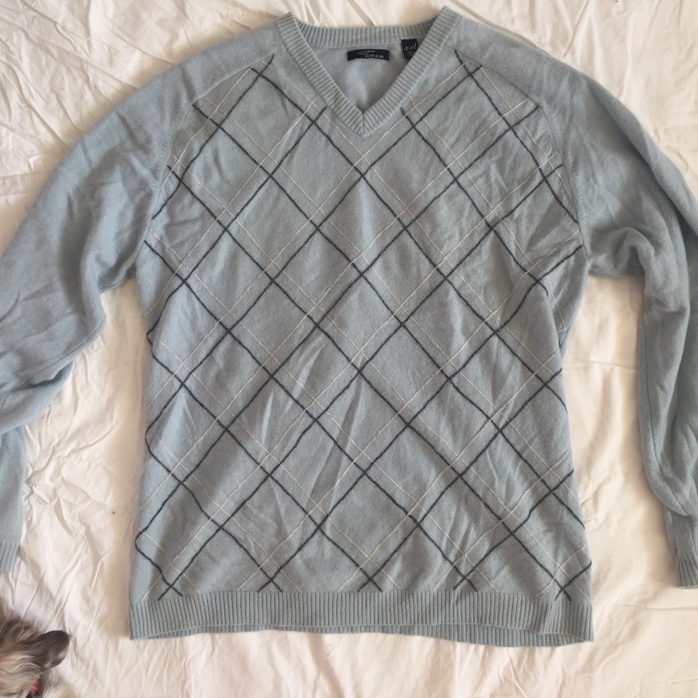 100% cashmere blue men's argyle sweater